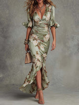 Osyra - Seidiges Blumenkleid mit V-Ausschnitt – Grün
