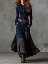 Eleza – Maxikleid Aus Kariertem Wildleder Mit Gürtel – Marineblau