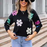 Aislin | Lässiger Blumengehäkelter Pullover – Schwarz