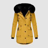 Stylischer - damenparka mit schwarzem kunstfellbesatz – Gelb
