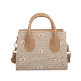 Strohtasche fur Damen – Geflochtene Handtasche mit Blumenakzenten – Khaki