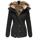 Warmer damenmantel mit fellkapuze im winterdesign für herbst/winter – Schwarz