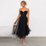 Festliches Midi Cocktailkleid | Fließendes Abendkleid mit V-Ausschnitt – Schwarz