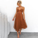 Festliches Midi Cocktailkleid | Fließendes Abendkleid mit V-Ausschnitt – Braun