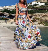 Damen Zweiteiler Bedruckt Maxi Sommerkleid – Blau