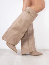 Damen-Stiefel mit Umschlagdetail | hohe Schaftausführung – Beige – Wildleder