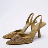 Elegante Schwarze Glitzer-Slingback-Pumps – Veganes Leder, Spitz – Gold