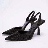 Elegante Schwarze Glitzer-Slingback-Pumps – Veganes Leder, Spitz – Schwarz