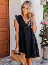 Sommerkleid mit Lochstickerei und V-Ausschnitt – Lockerer Schnitt – Schwarz
