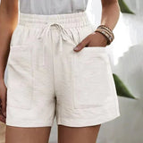 Damen Leinen-Shorts mit hoher Taille und Kordelzug – luftig für den Sommer – Weiß