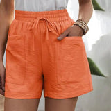 Damen Leinen-Shorts mit hoher Taille und Kordelzug – luftig für den Sommer – Orange
