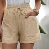 Damen Leinen-Shorts mit hoher Taille und Kordelzug – luftig für den Sommer – Beige