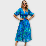 Maxikleid mit Ballonärmeln im abstrakten Design – Blau