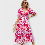 Maxikleid mit Ballonärmeln im abstrakten Design – Rot