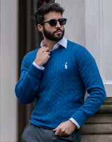 Zopfmuster Pullover für stilvolle Herren – Saphirblau