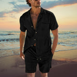Herren Sommer Set – Zweiteiler mit Kurzarmhemd & Shorts für Strand & Freizeit – Schwarz