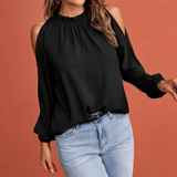 Damenbluse mit Rüschenkragen und offenen Schultern für elegante Outfits | Elinor – Schwarz