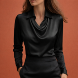Satinbluse mit drapierendem Kragen für Damen | Elina – Schwarz