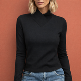 Langarm-Top mit asymmetrischem Kragen für Damen | Yara – Schwarz