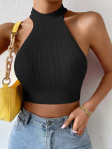 Damen Haltertop aus Rippstoff – Elastisch & Bauchfrei für den Sommer – Schwarz