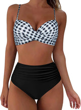Bella | Hochtaillierter, farbenfroher Damen-Bikini – Schwarz - Weiß