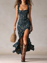 Bonnie | Florales Maxikleid mit Rüschenärmeln – Marineblau