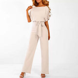 Quirina | Damen Wide Leg Jumpsuit Gürtel Kurzarm – Overall Weites Bein 2026 – Beige