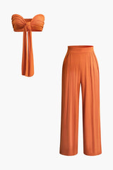 Lara | Elegantes Zweiteiler-Set mit Schleifen-Bandeau & Weitbein-Hose – Orange