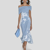ISABRUNEL - Off-Shoulder Floral Midi Kleid mit Rüschensaum – Blau