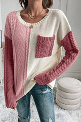 Trendiger pullover mit rundhalsausschnitt und farbblöcken für den winter – Rosa
