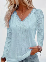 Shaleva - Stylisches Langarm Shirt Mit Spitzen V-Ausschnitt – Blau