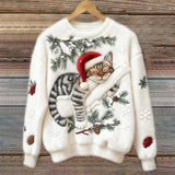 Elisabetta – Plüschpullover Mit Fauler Katze – Weiß