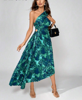 Valentina - Asymmetrisches plissiertes Kleid mit Druck – Blau