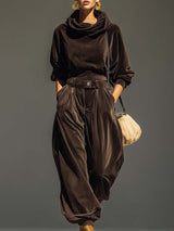 Sophia™ - Vintage brauner Samt-Hoodie und lockere Hose Set (Inklusive Gürtel) – Braun