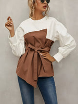 Edita | Elegantes Color-Blocking Faux-Zwei-Teile-Shirt für Damen – Weiß+Ziegelrot