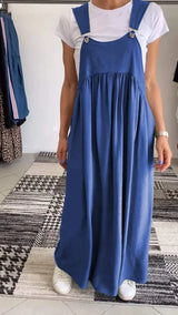 Regla - Lockeres Kleid Aus Baumwolle Und Leinen Mit Hosenträgern – Blau