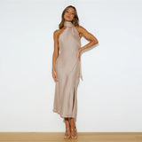 Stuttgart | Frauen Satin Drapierung Split Hollow Dünn Elegantes Kleid – Aprikose