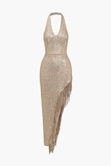 Sienna | Funkelndes Pailletten-Fransen-Kleid mit Neckholder – Glamour & Eleganz für besondere Nächte – Champagner