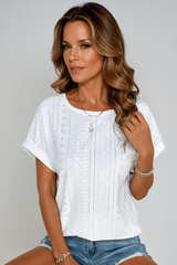 Celeste | Lochstickerei Rundhals Top – Weiß