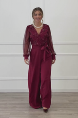 Meira - Overall Mit Langen Ärmeln Und Verzierungen Aus Mesh – Burgund