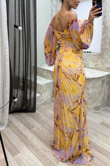 Sofia - Plissiertes, schulterfreies Kleid mit Blumenmuster – Gelb