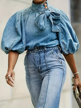 Garance | Elegante Denim-Bluse mit Schleifenfront – Blau