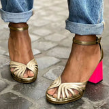 Theresa | Knöchelriemen Blockabsatz Sandalen – Gold