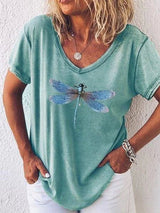 Eleanor | Libellenmuster V-Ausschnitt T-Shirt – Blau