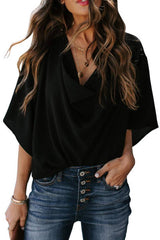 Lena | Damen Chiffon-Bluse Kurzarm Drapierung Twist-Detail – Schwarz