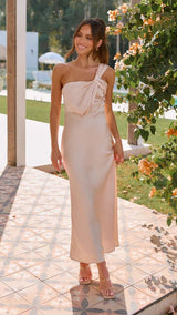 Damen Elegantes One-Shoulder Maxikleid für festliche Anlässe und Alltag – Champagner