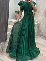 Elisa - Elegantes plissiertes langes Maxikleid in Dunkelblau – Grün