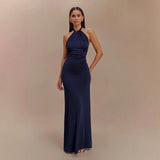 Faera | Drapiertes Langes Neckholder-Kleid – Dunkelblau