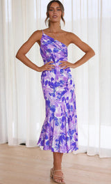 Aeris | Langes Asymmetrisches Kleid mit Blumenmuster – Violett
