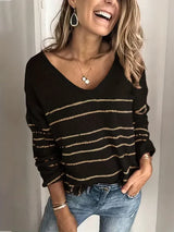 StripeStyle - gestreiftes muster v-ausschnitt pullover – Schwarz